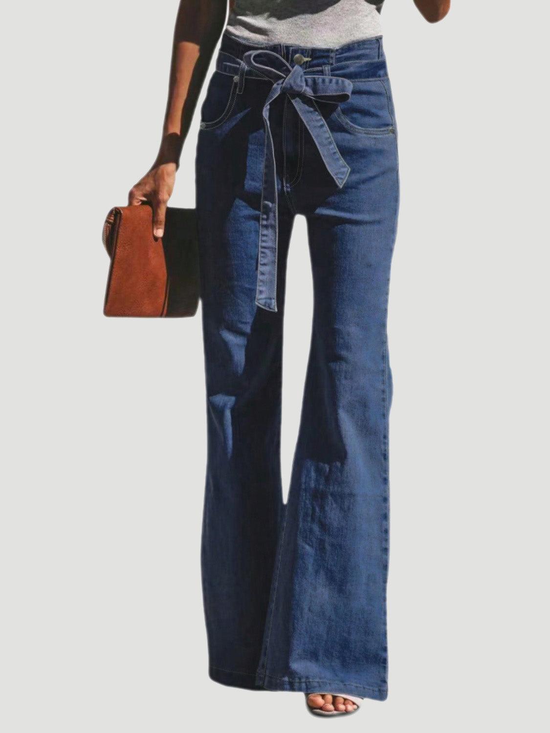 Tied Flare Jeans with Pockets - Clothes For Her Online Store
