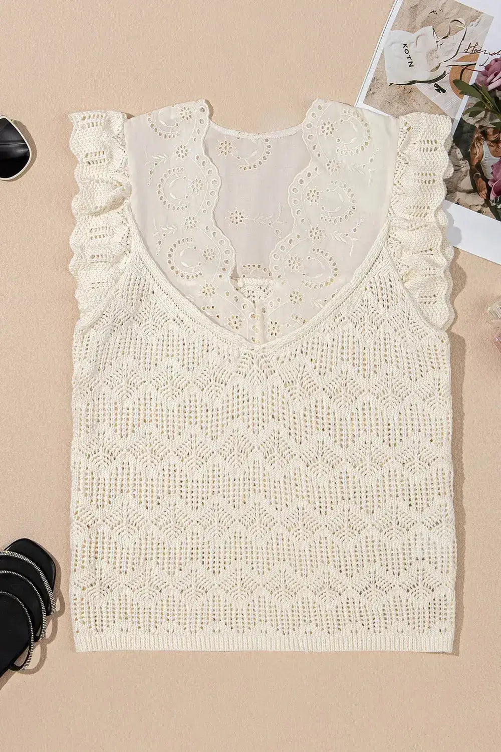 Embroidered Patchwork Hollow Out Knitted Ruffle Sweater Vest - Clothes For Her Online Store