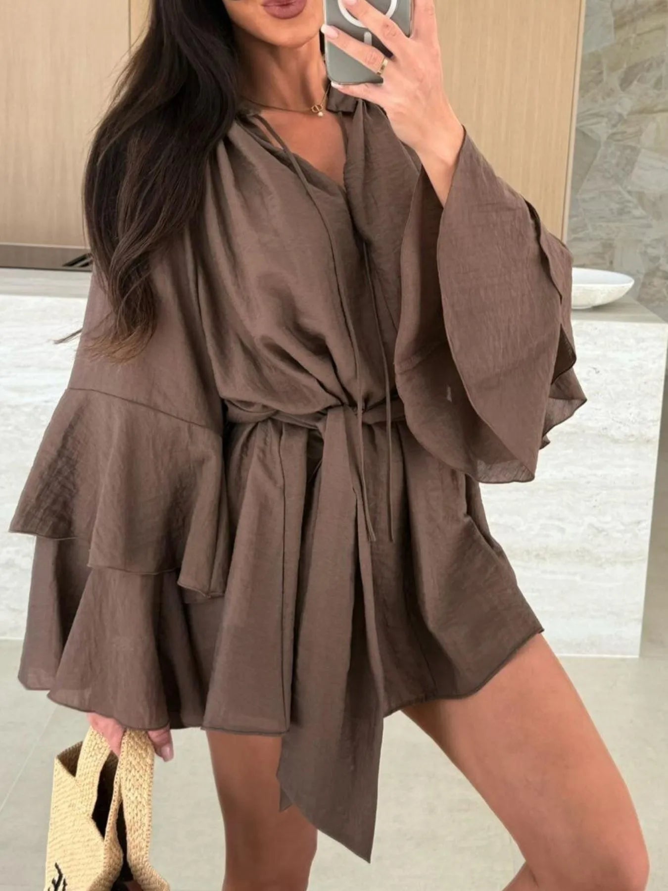 Bell Sleeve Tie Waist Mini Shirt Dress