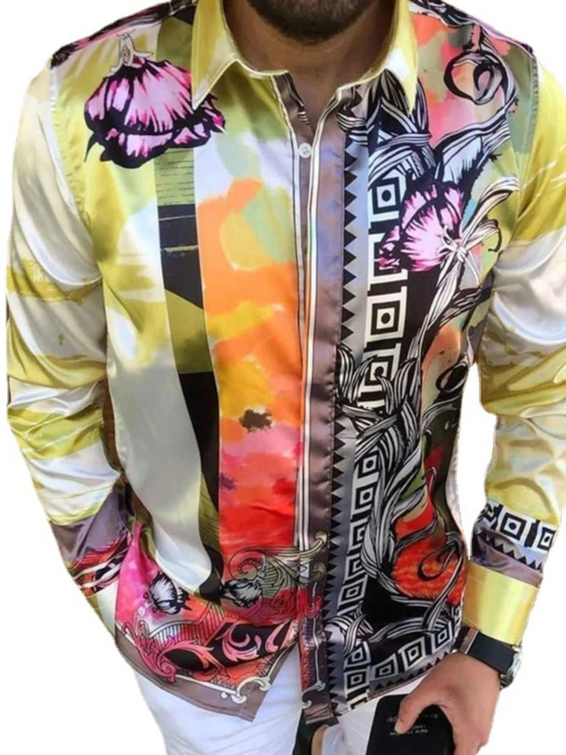 Men's Plus Size Printed Button Up Long Sleeve Shirt