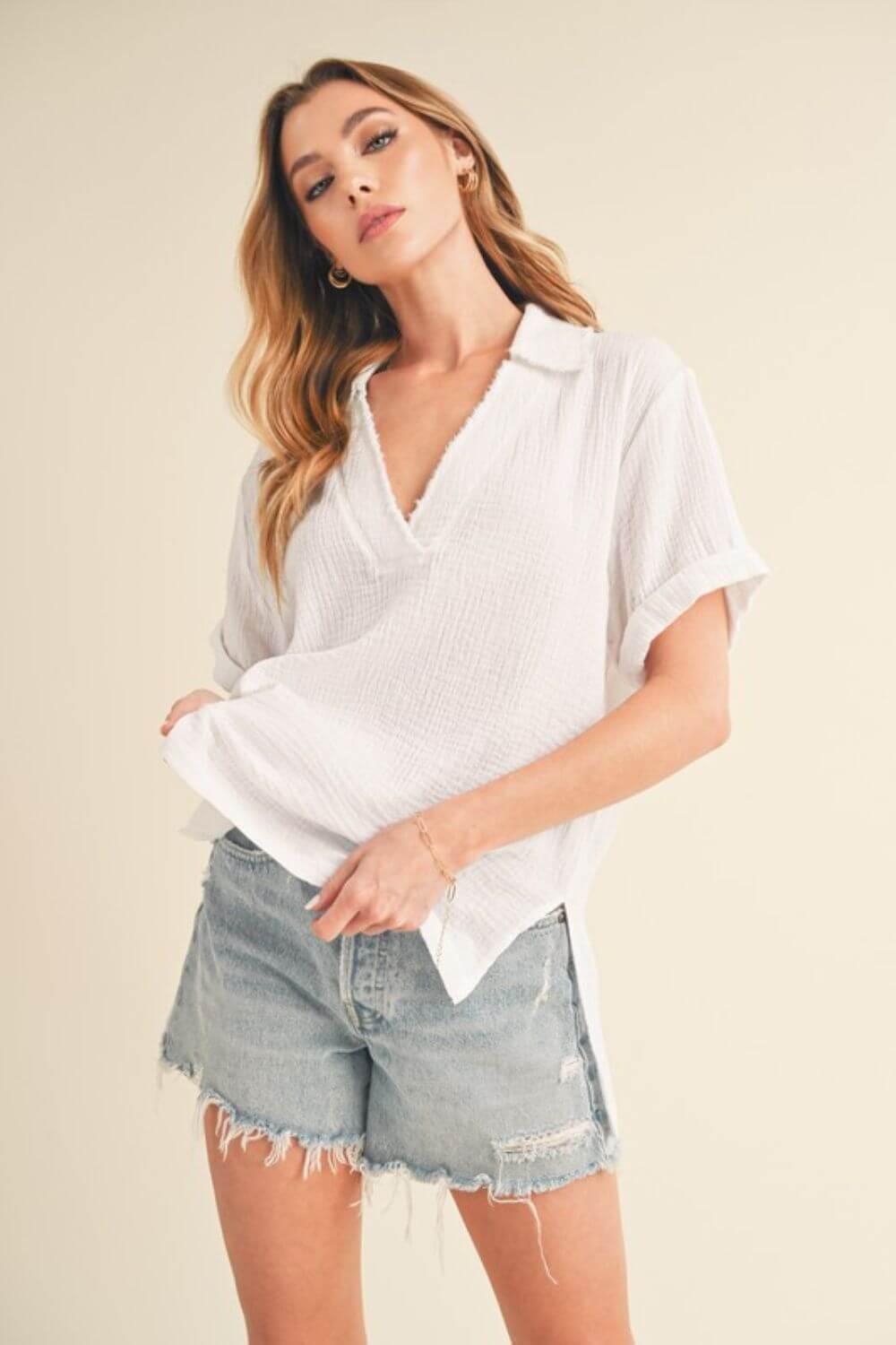 Aemi + Co Side Slit Johnny Collar Short Sleeve Cotton Gauze Blouse - Clothes For Her Online Store