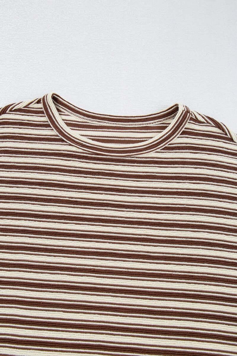 Stripe Textured Side Slit Crew Neck T-Shirt - Clothes For Her Online Store