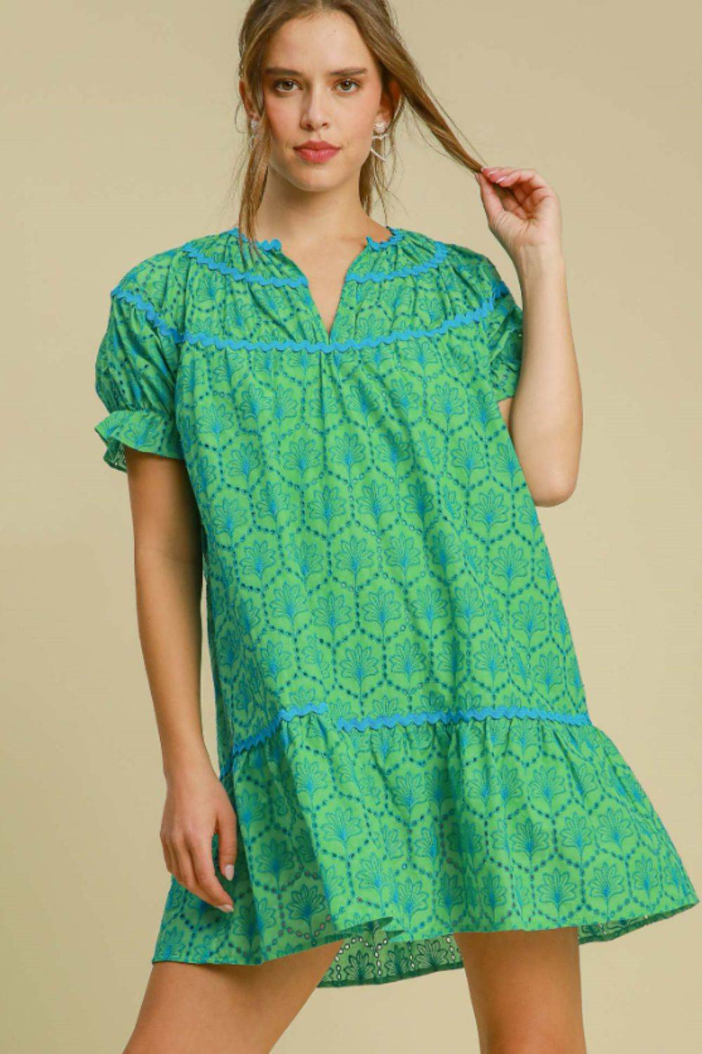 Umgee Full Size Eyelet Mini Dress With Ric Rac Trim Plus Size - Clothes For Her Online Store