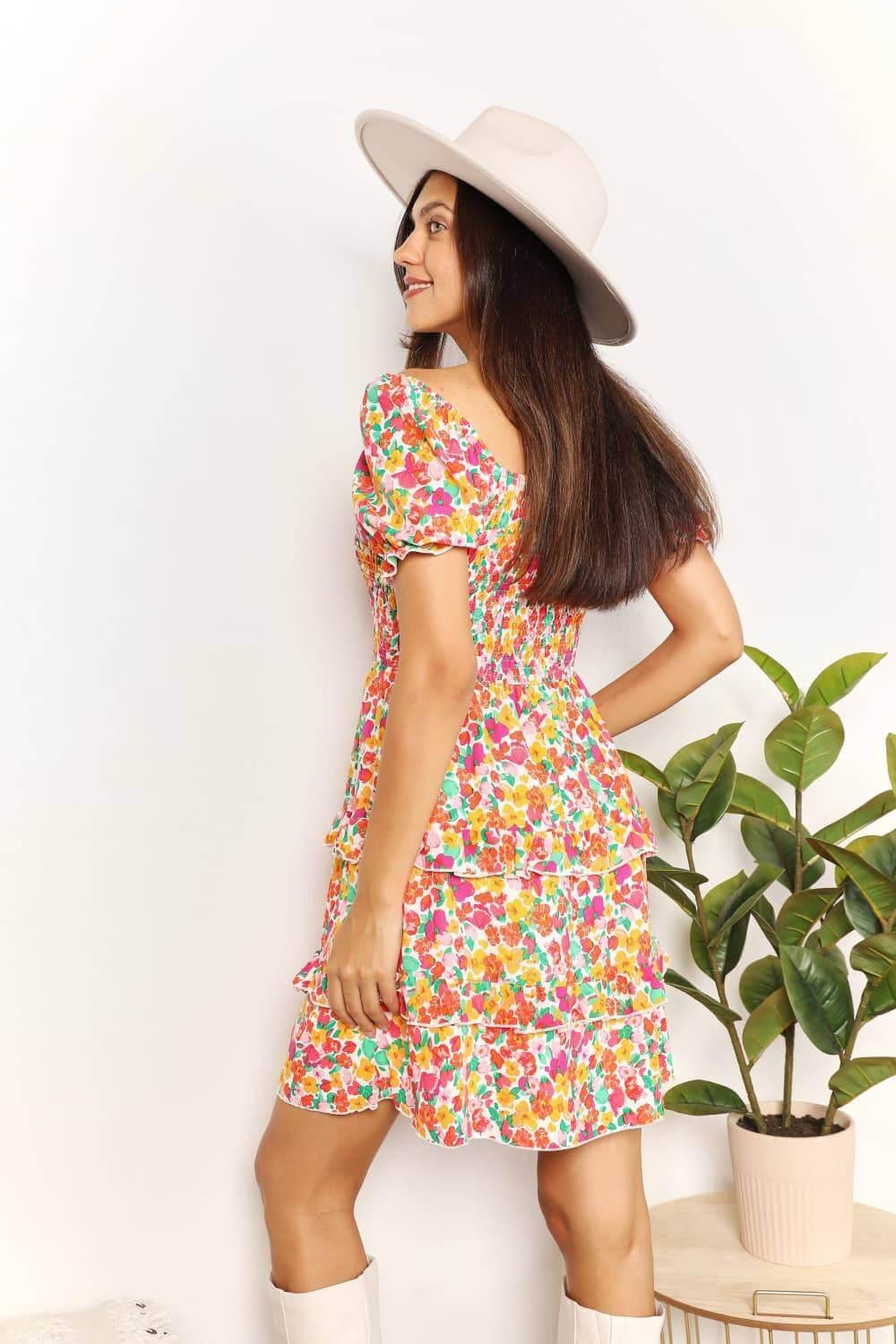 Devine Smocked Sweetheart Neck Flounce Sleeve Mini Dress - Clothes For Her Online Store