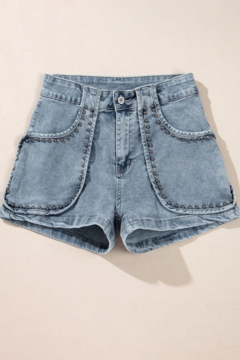 Studded Acid Wash Denim Shorts - Clothes For Her Online Store