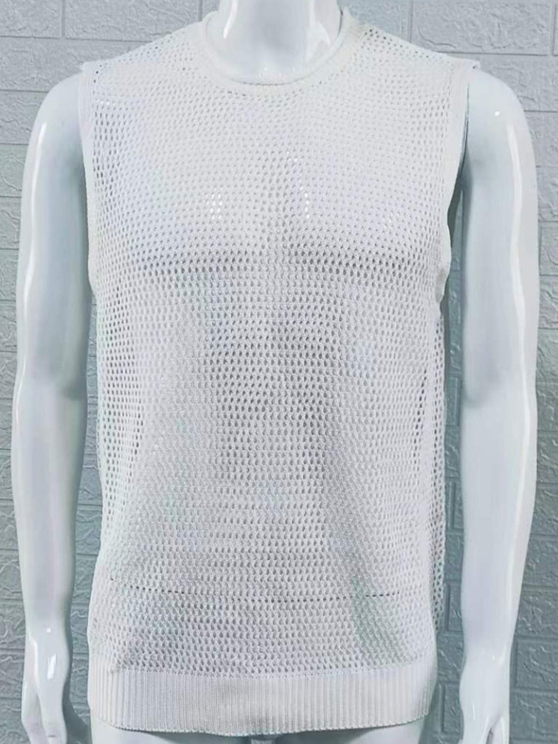 Men's Openwork Round Neck Sleeveless Knit Top - Clothes For Her Online Store