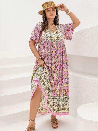 Plus Size Floral Tie Neck Flutter Sleeve Maxi Dress - Clothes For Her Online Store