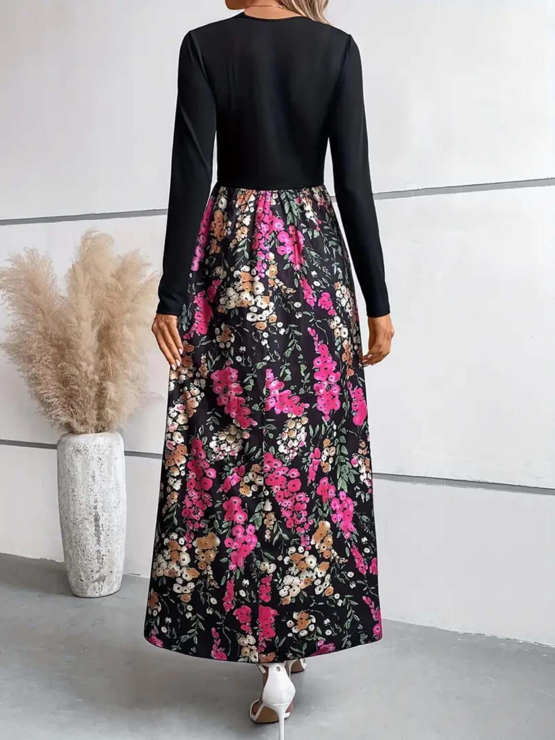 Floral Round Neck Long Sleeve Maxi Dress - Clothes For Her Online Store