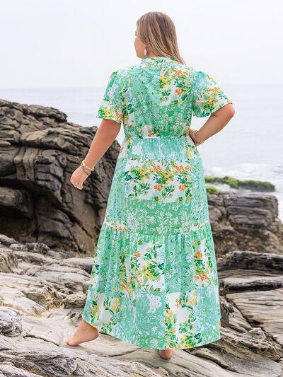 Plus Size Printed Notched Short Sleeve Maxi Dress - Clothes For Her Online Store