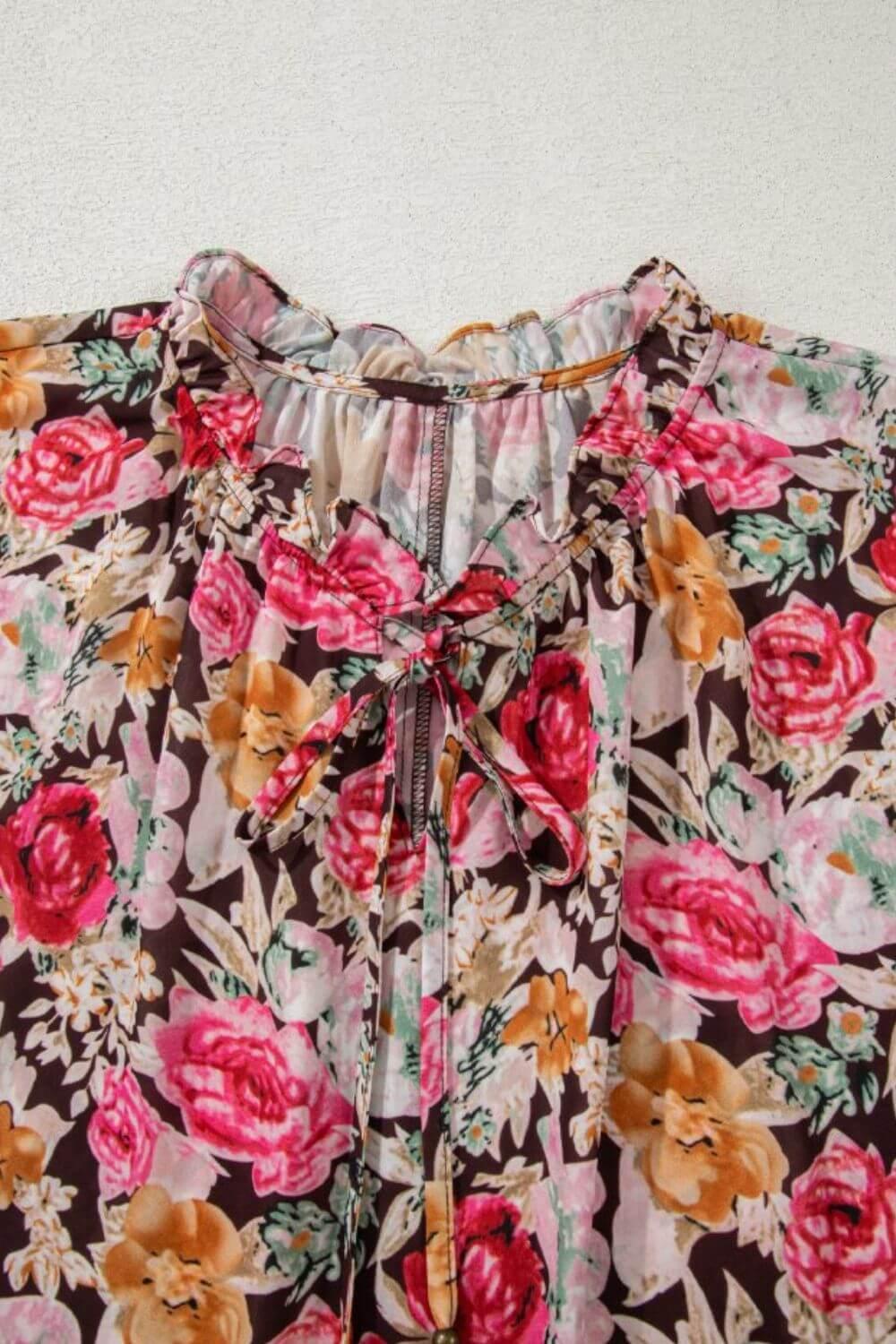Floral Tie Neck Short Sleeve Blouse - Clothes For Her Online Store