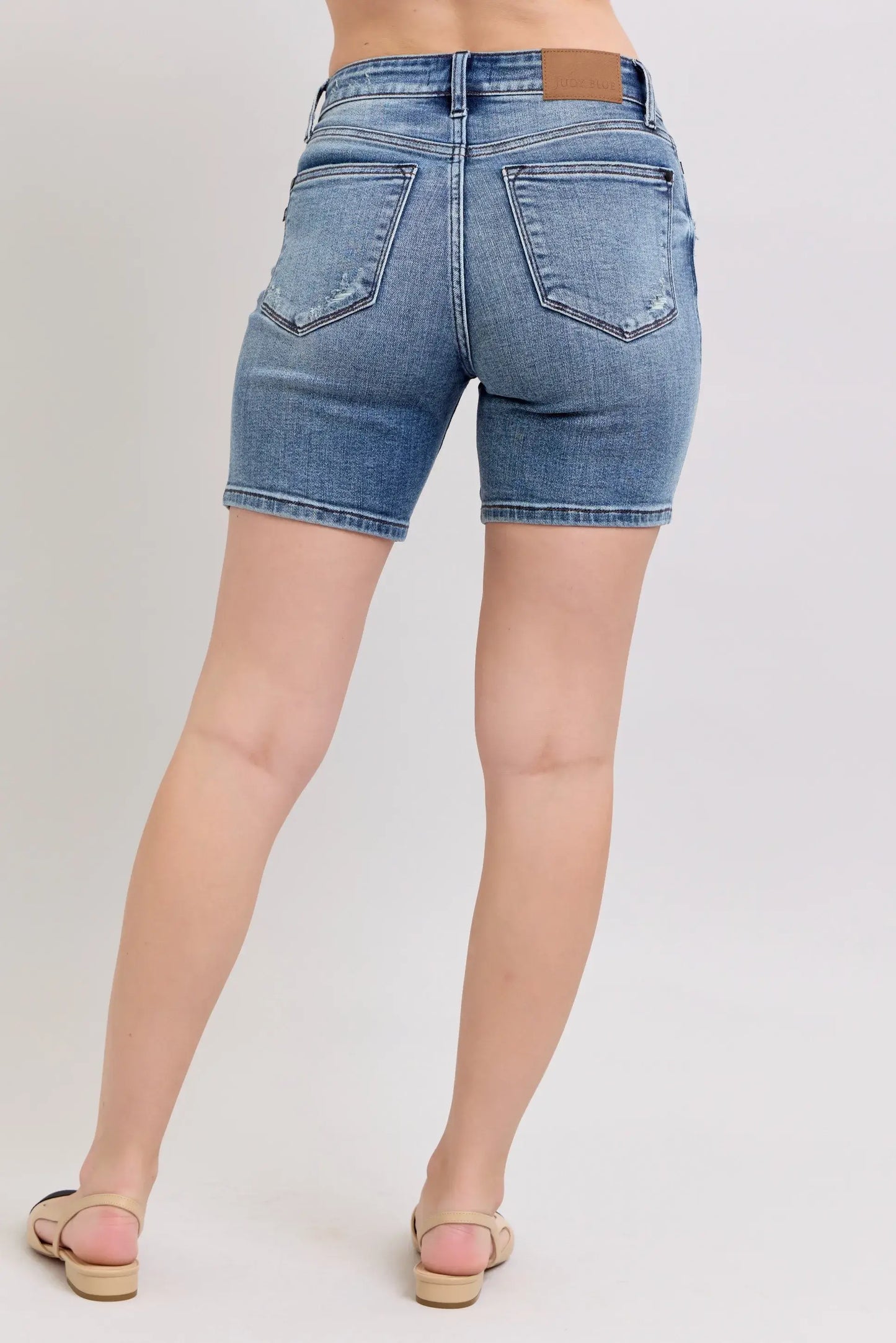 Judy Blue Button Fly Mid Length Denim Shorts W/ Destroy