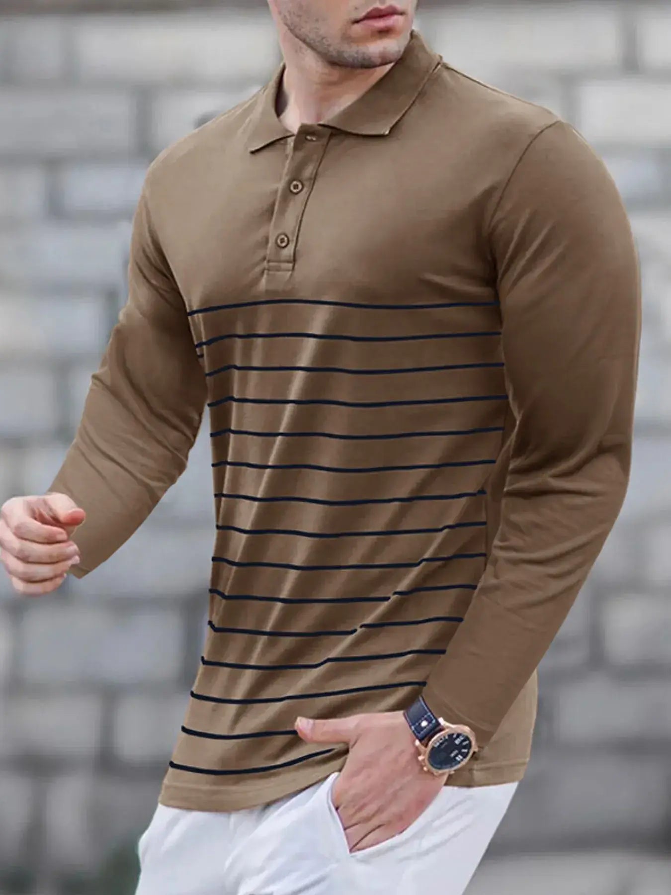 Men's Striped Long Sleeve Polo Shirt