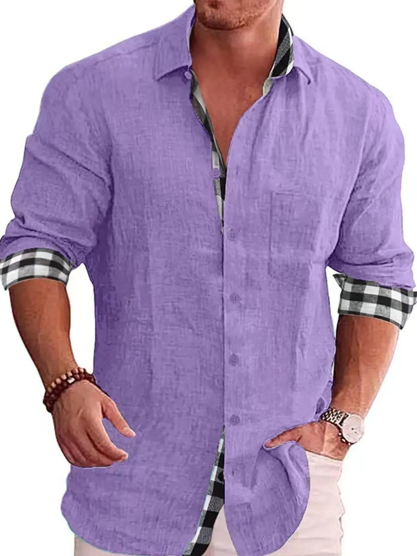 Men's Full Size Casual Linen Plaid-Trim Button Down Shirt Plus Size