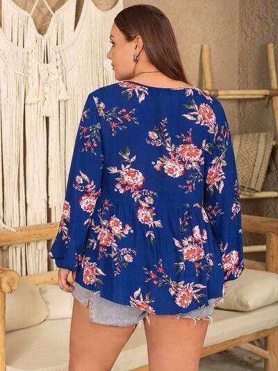 Plus Size Printed Tie Neck Balloon Sleeve Blouse - Clothes For Her Online Store