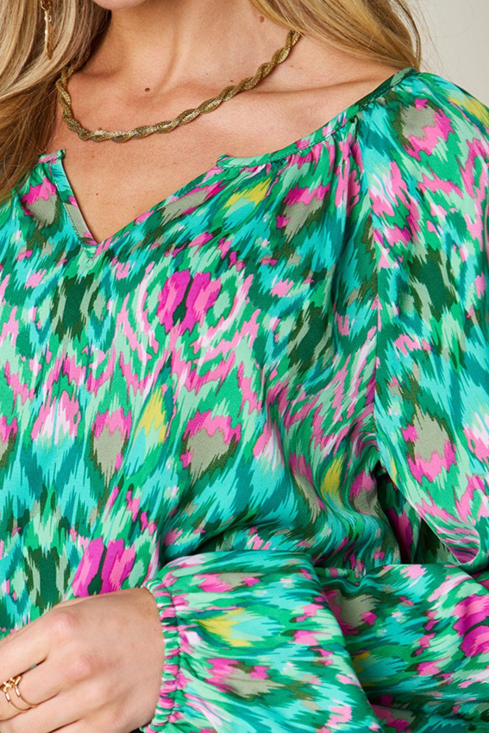 Double Take Full Size Printed Balloon Sleeve Blouse - Clothes For Her Online Store