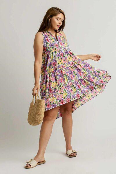 Umgee Full Size High-Low Hem Floral Sleeveless Tiered Dress Plus Size - Clothes For Her Online Store