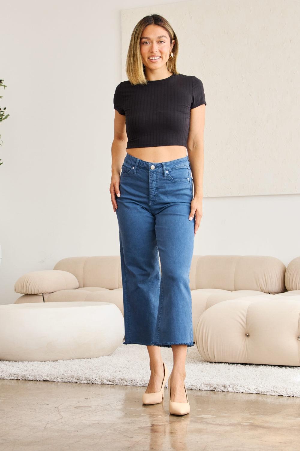 RFM Crop Chloe Full Size Tummy Control High Waist Raw Hem Jeans - Clothes For Her Online Store