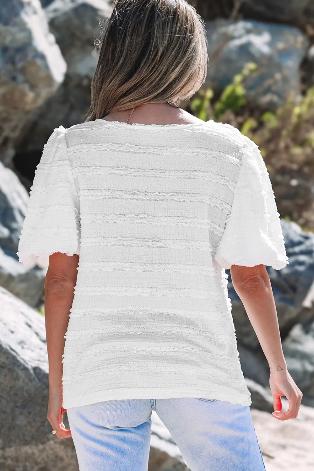 Frilled Lace Trim Bubble Sleeve Blouse