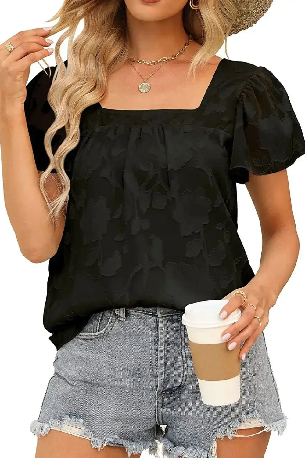 Square Neck Short Sleeve Blouse - Clothes For Her Online Store