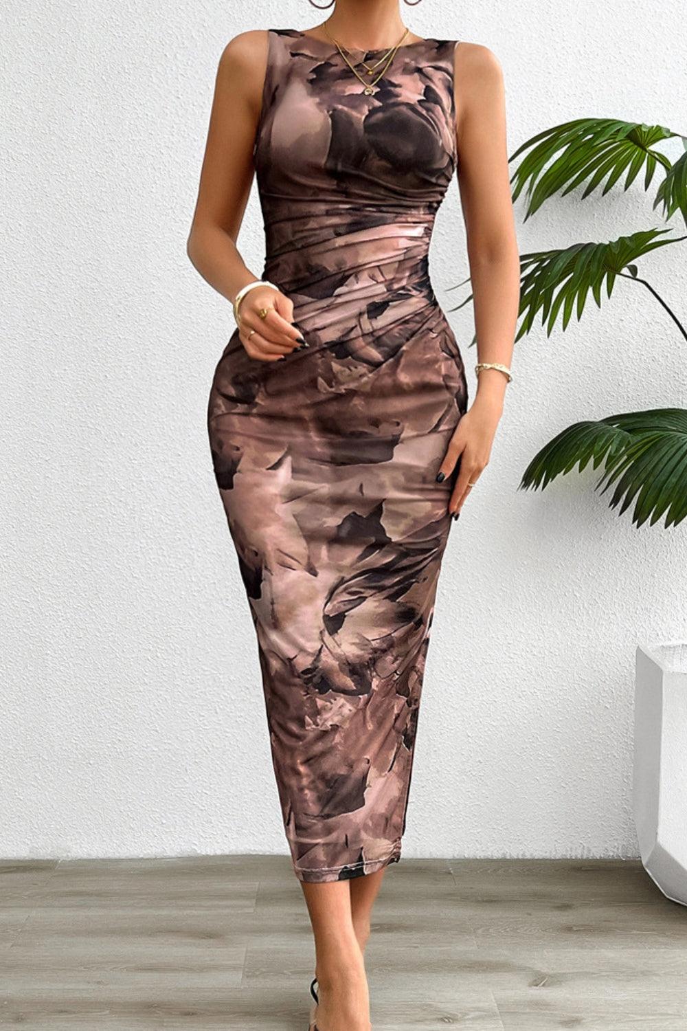 Printed Ruched Slit Sleeveless Midi Dress - Clothes For Her Online Store