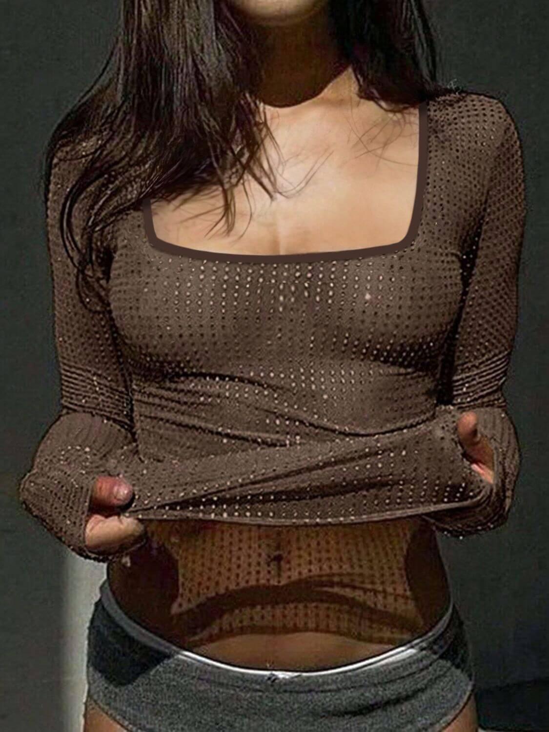 Devine Square Neck Long Sleeve Eyelet T-Shirt - Clothes For Her Online Store