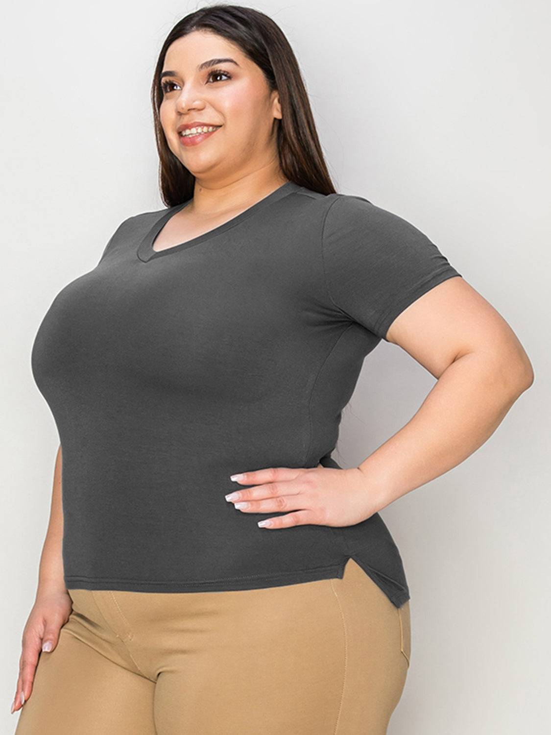 Basic Bae Full Size V-Neck High-Low T-Shirt - Clothes For Her Online Store