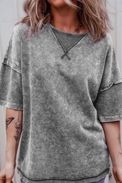Mineral Wash Drop Shoulder Round Neck T-Shirt - Clothes For Her Online Store