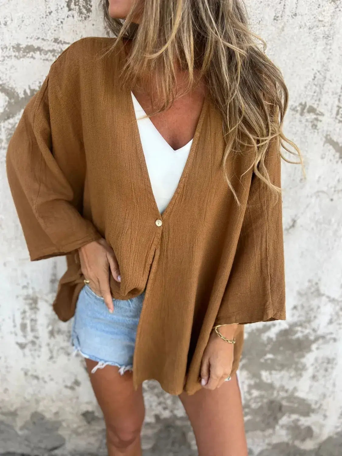 Full Size One Button Long Sleeve Shirt Plus Size - Clothes For Her Online Store