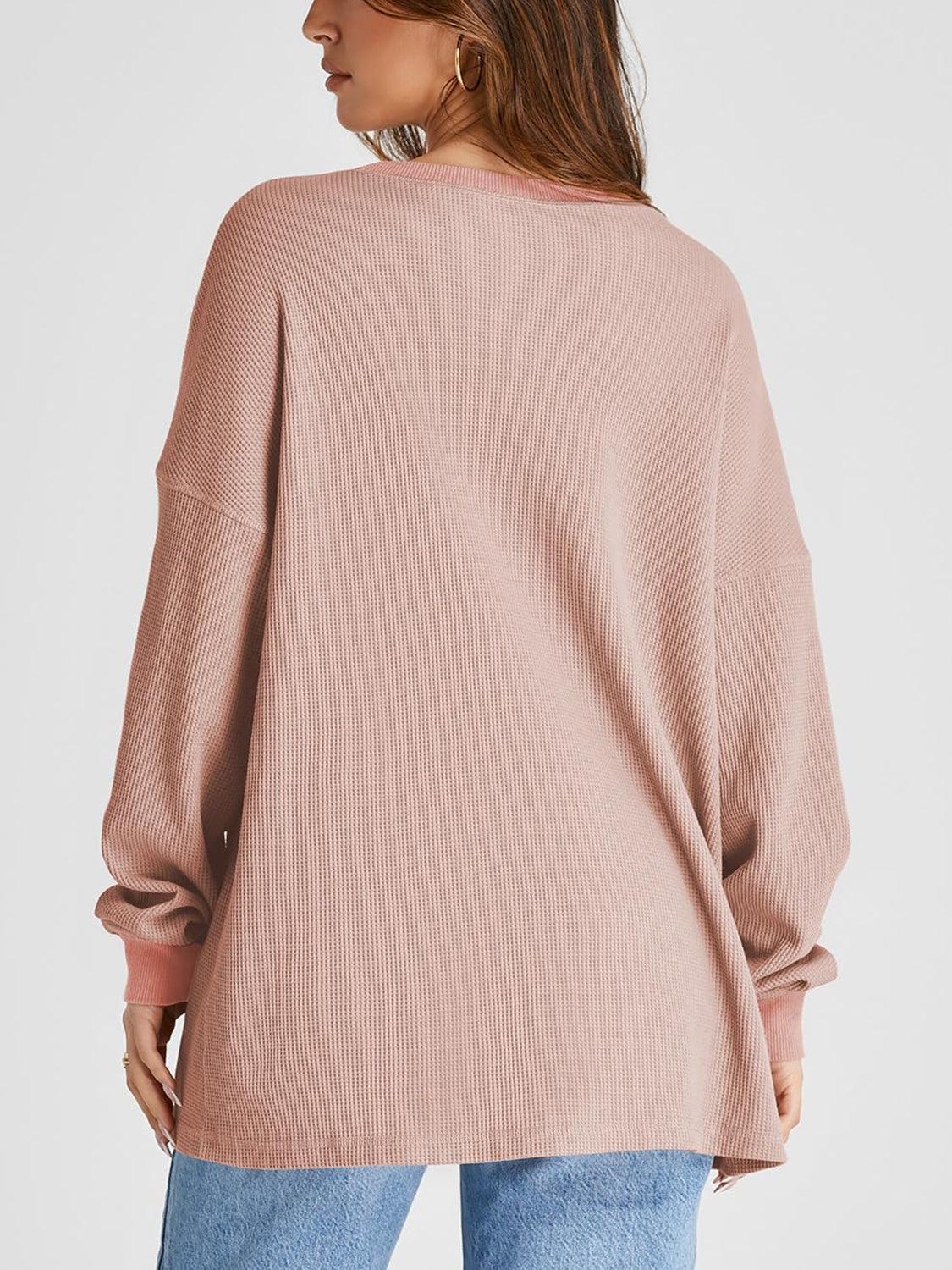 Waffle Knit Round Neck Long Sleeve T-Shirt - Clothes For Her Online Store