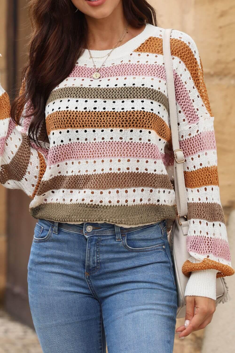 Striped Round Neck Hollowed Sweater - Clothes For Her Online Store
