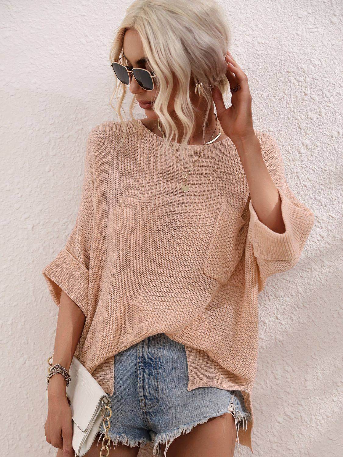 Boat Neck Cuffed Sleeve Slit Tunic Knit Top - Clothes For Her Online Store