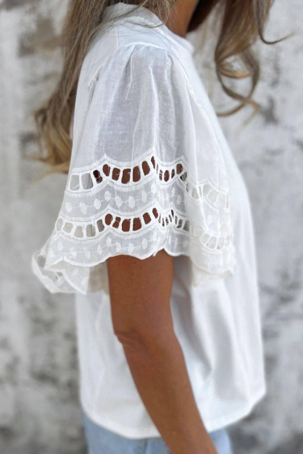 Hollow Out Embroidered Short Sleeve Round Neck Top - Clothes For Her Online Store