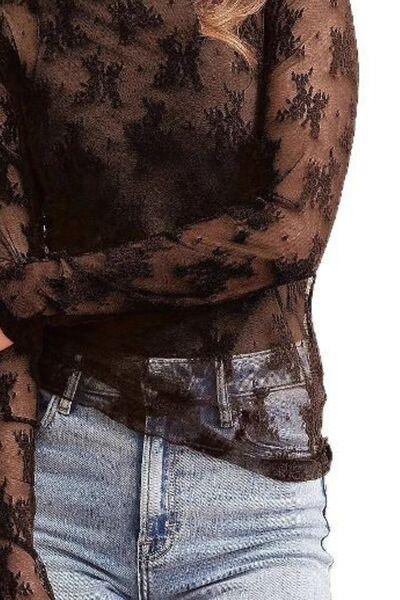 Mock Neck Long Sleeve Sheer Top - Clothes For Her Online Store
