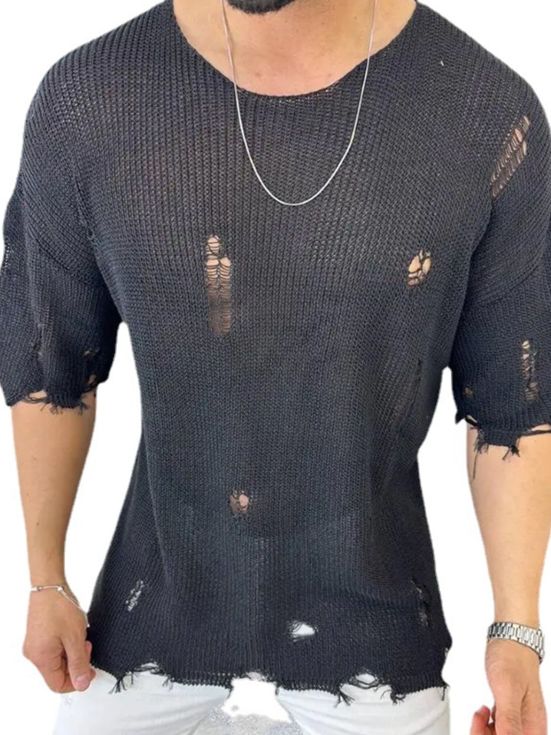 Men's Distressed Round Neck Knit Top - Clothes For Her Online Store