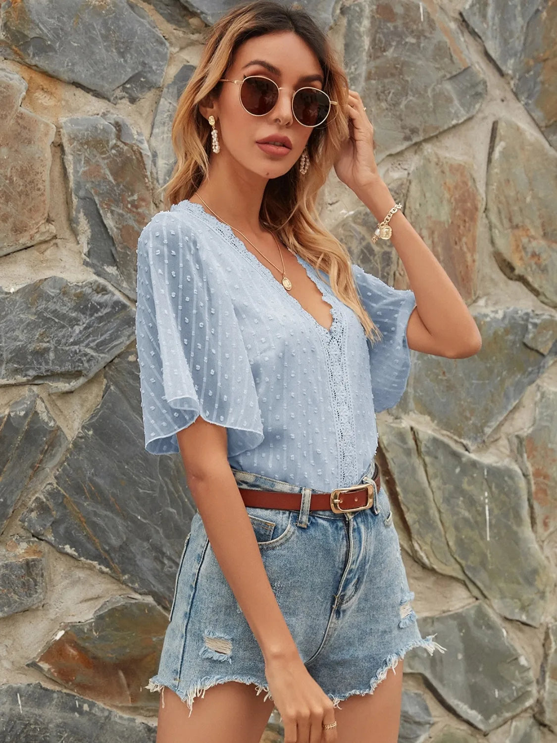 Lace Detail V-Neck Siwss Dot Blouse
