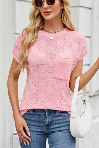 Checkered Round Neck Short Sleeve Knit Top - Clothes For Her Online Store