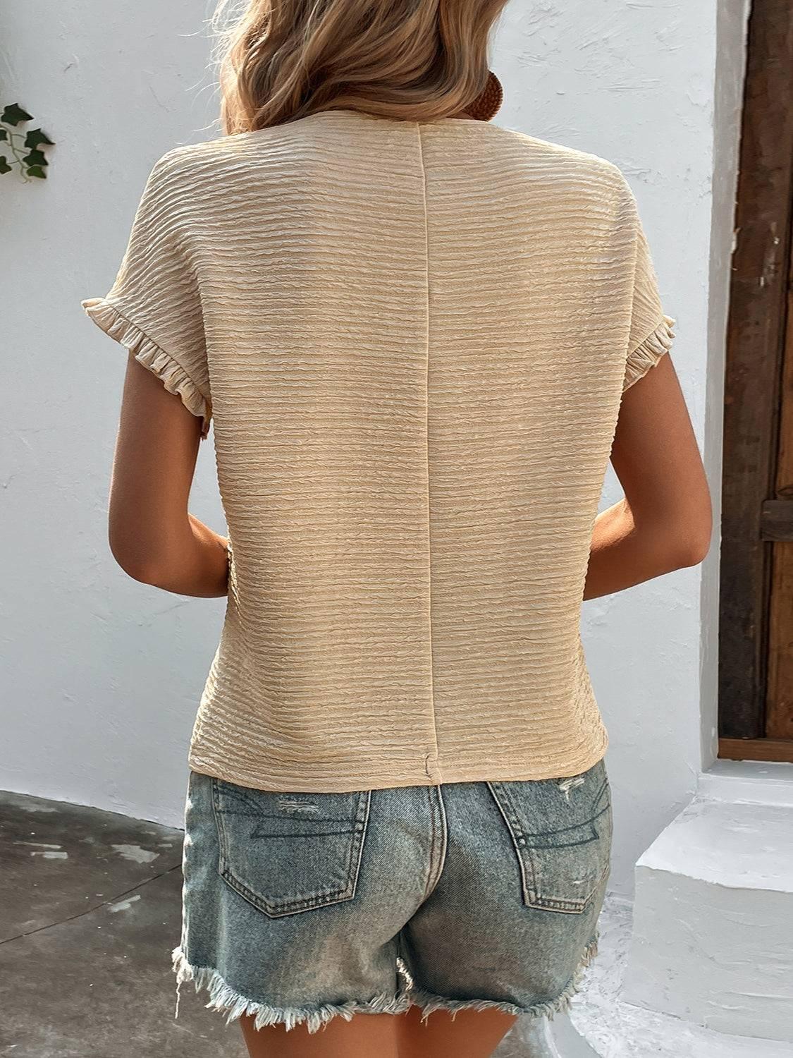 Texture Round Neck Short Sleeve T-Shirt - Clothes For Her Online Store