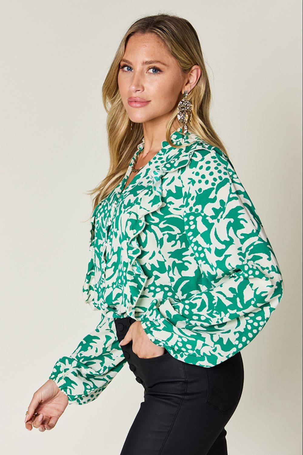 Double Take Full Size Printed Ruffle Trim Balloon Sleeve Shirt - Clothes For Her Online Store