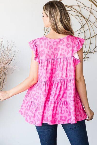 Heimish Full Size Tiered Leopard Round Neck Blouse with Ruffled Detail Plus Size - Clothes For Her Online Store