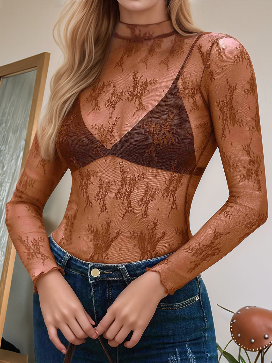 Floral Mock Neck Long Sleeve Mesh Top - Clothes For Her Online Store
