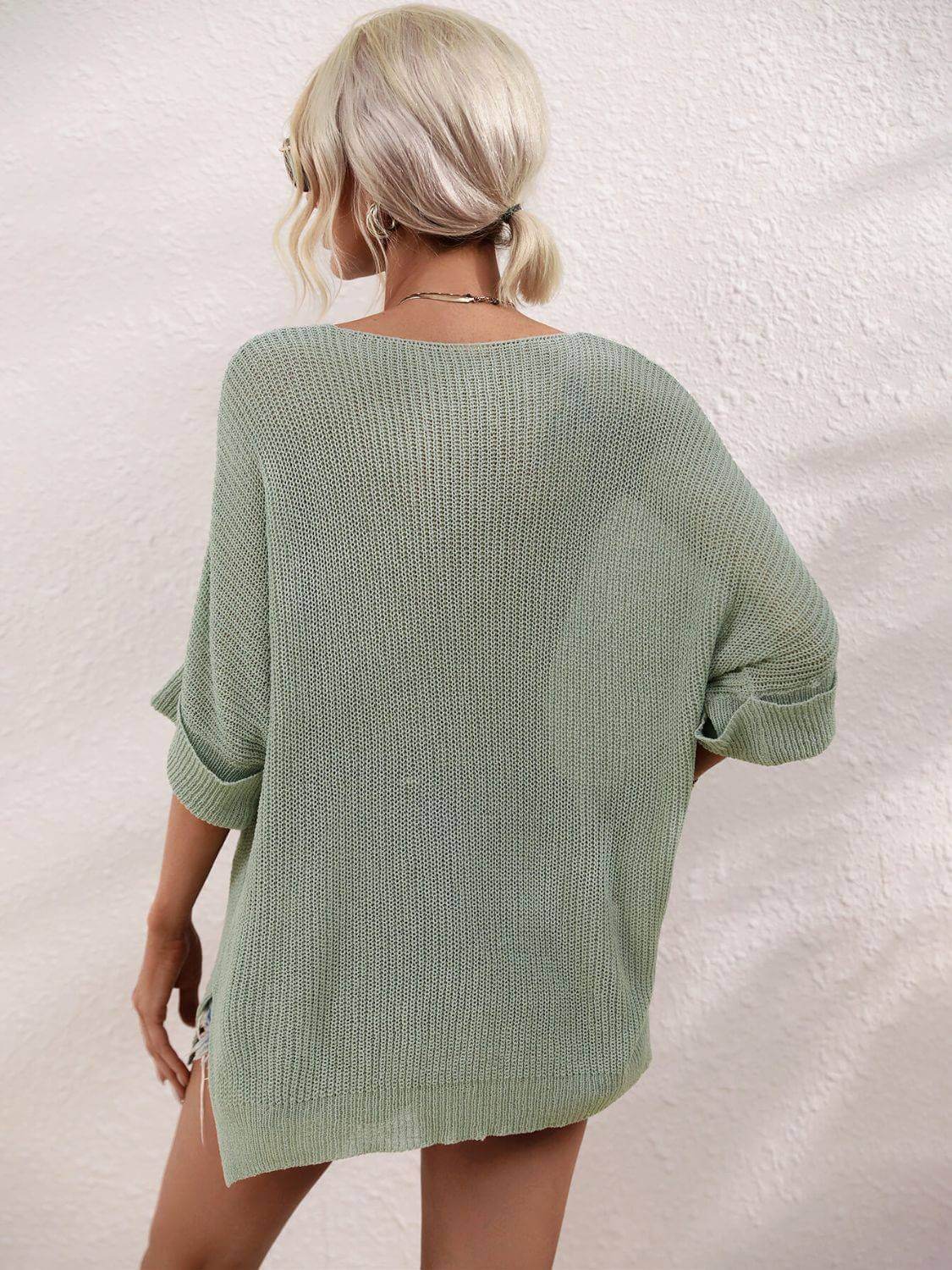 Boat Neck Cuffed Sleeve Slit Tunic Knit Top - Clothes For Her Online Store