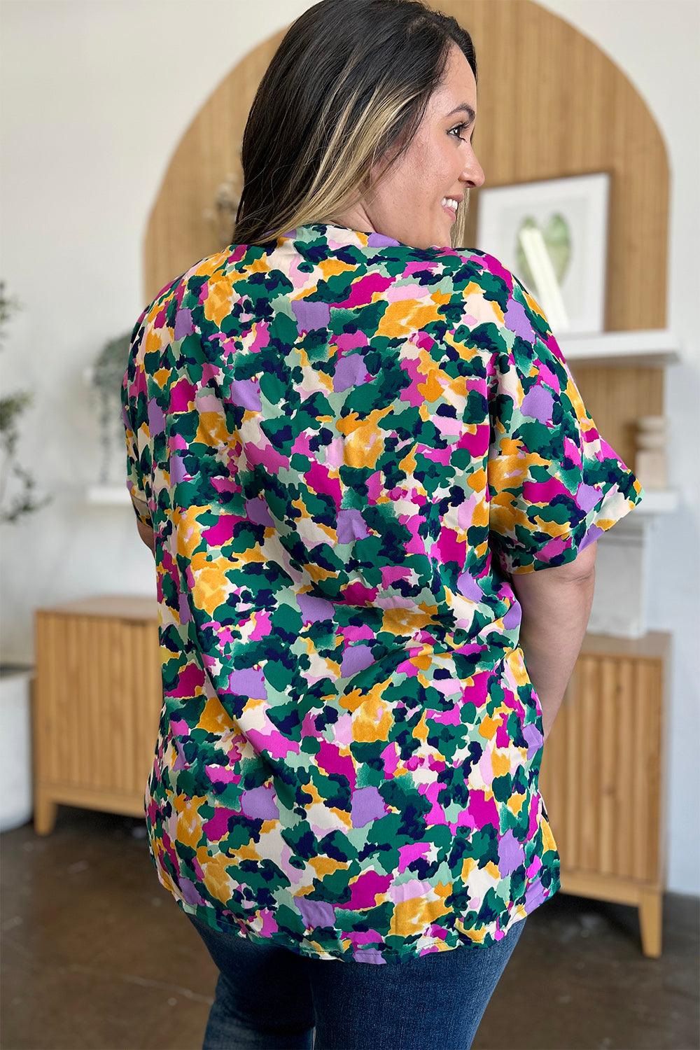 Double Take Full Size Printed V-Neck Short Sleeve Side Slit Top - Clothes For Her Online Store