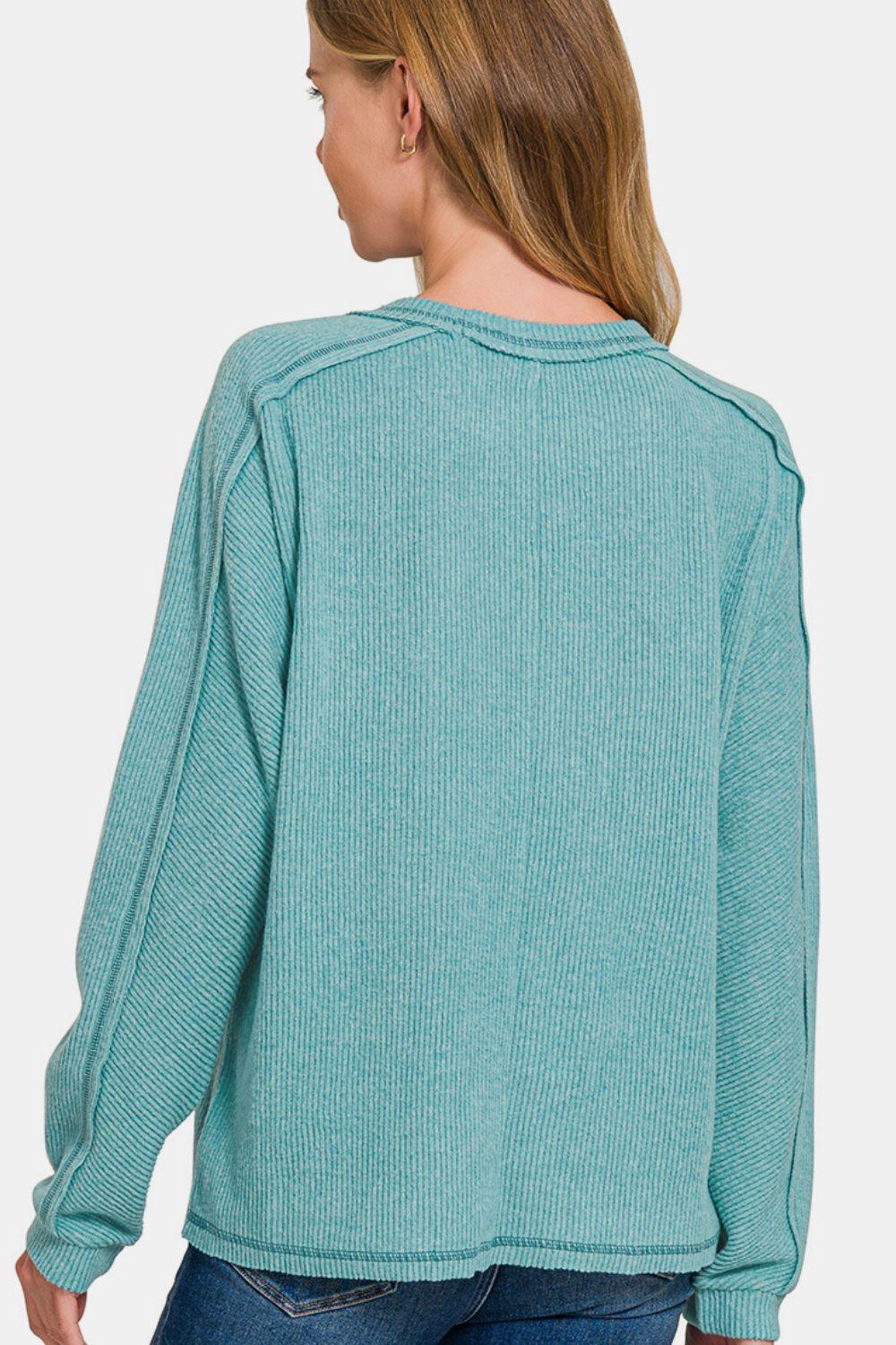 Zenana Full Size Contrast Stitching Brushed Ribbed Hacci Knit Top Plu Size - Clothes For Her Online Store