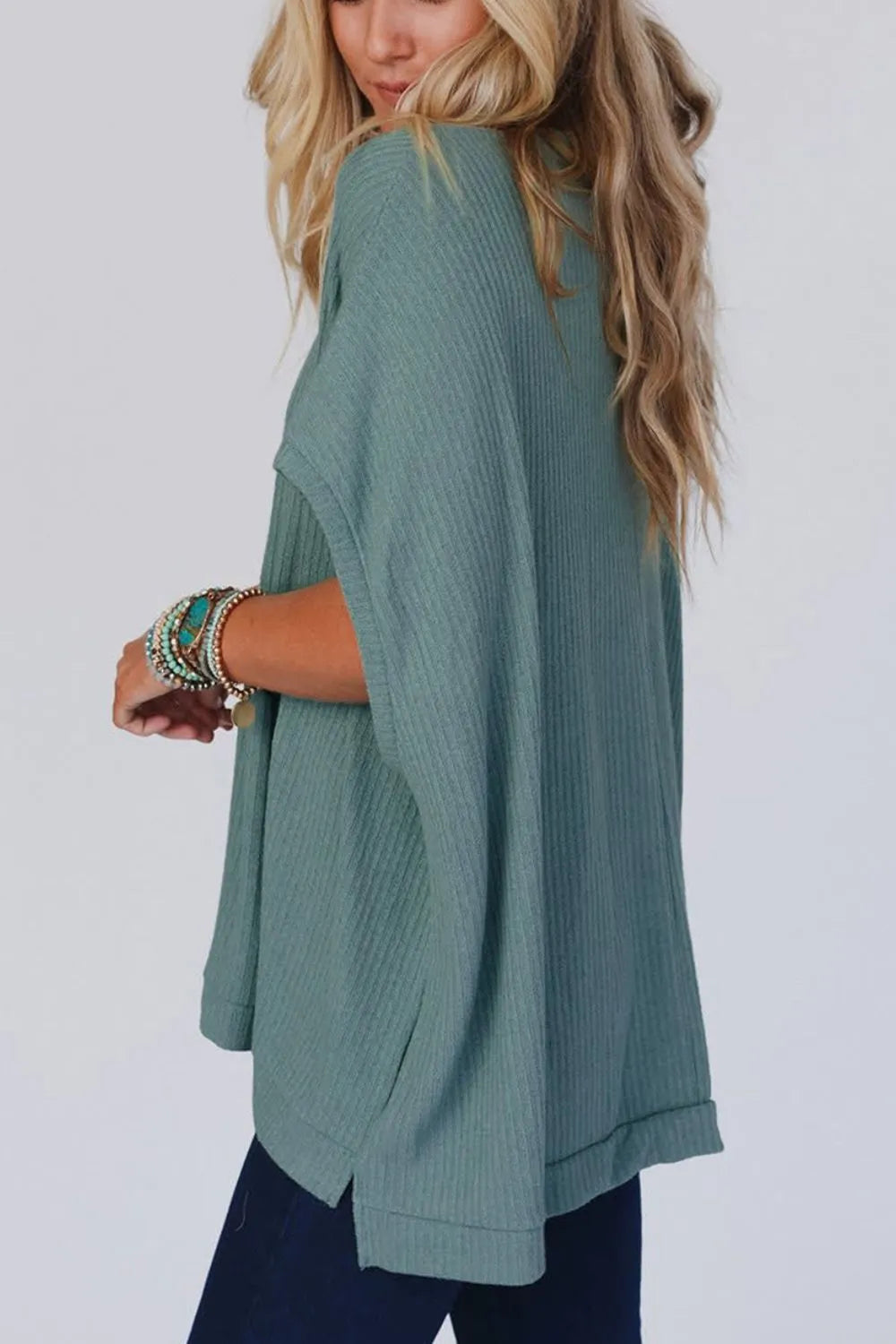 Oversized Ribbed Knit V Neck Dolman Short Sleeve Top
