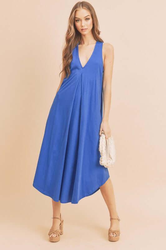 Aemi + Co Front Pleat Detail V-Neck Sleeveless Midi Dress - Clothes For Her Online Store