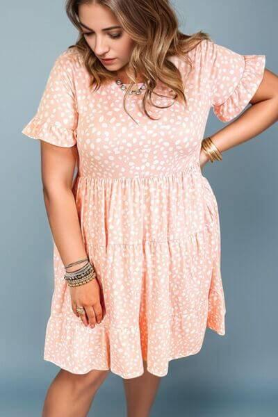 Plus Size Printed Round Neck Flounce Sleeve Mini Dress - Clothes For Her Online Store