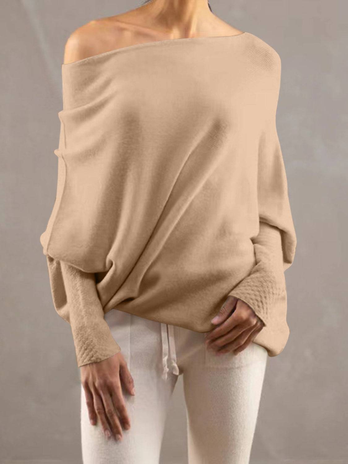 Full Size Boat Neck Batwing Sleeve Knit Top - Clothes For Her Online Store