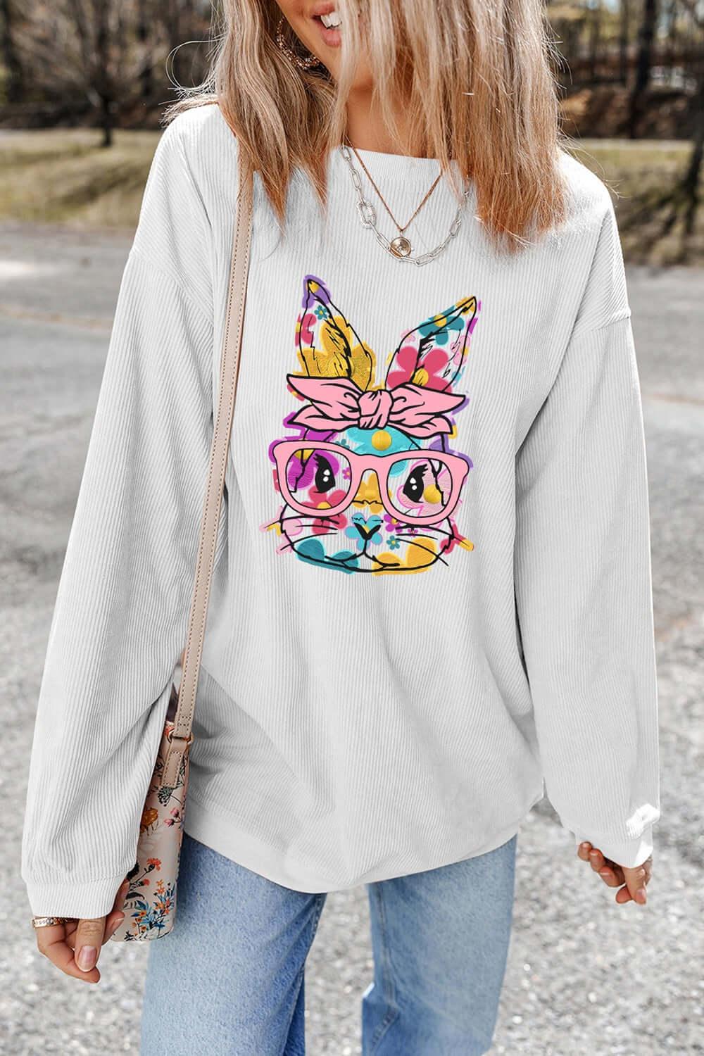 Bunny Graphic Round Neck Sweatshirt - Clothes For Her Online Store
