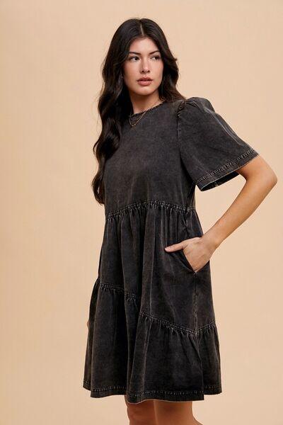 Annie Wear Mineral Washed Round Neck Short Sleeve Denim Dress - Clothes For Her Online Store