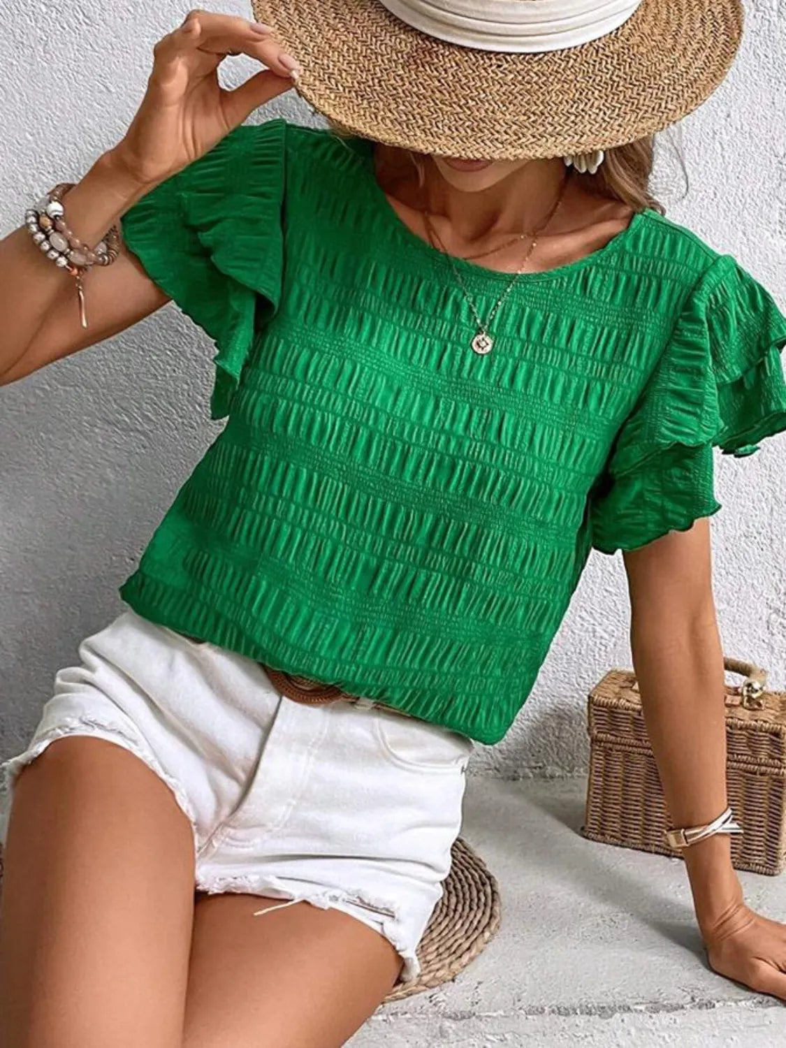 Round Neck Ruffled Short Sleeve Top